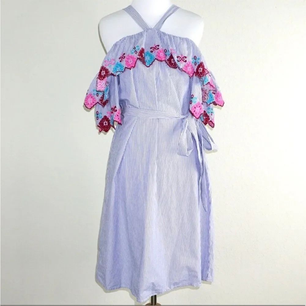 Loft Stripe Ruffle Boho Embroidered Dress Vacation Cruise Resort Wear New